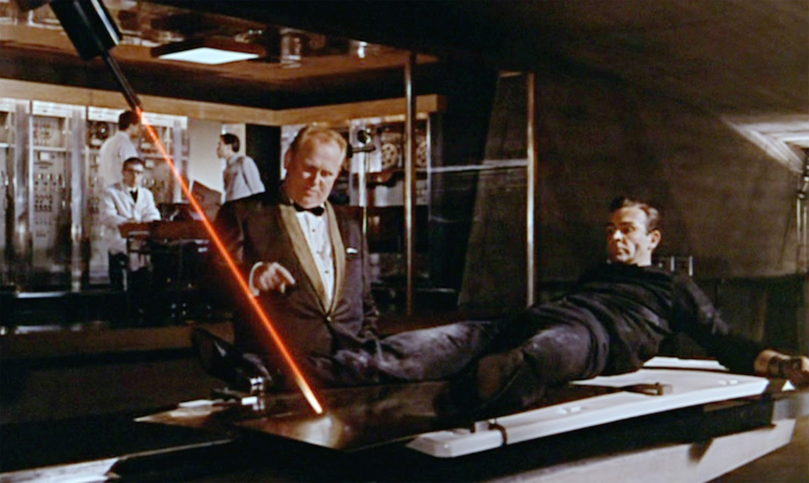 Bond about to be sliced in half by a laser in Goldfinger
