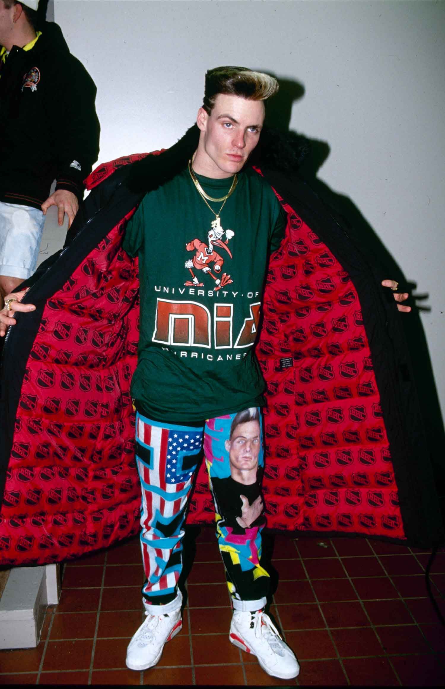 Vanilla Ice with a Miami Hurricanes shirt and pants with his own face on them