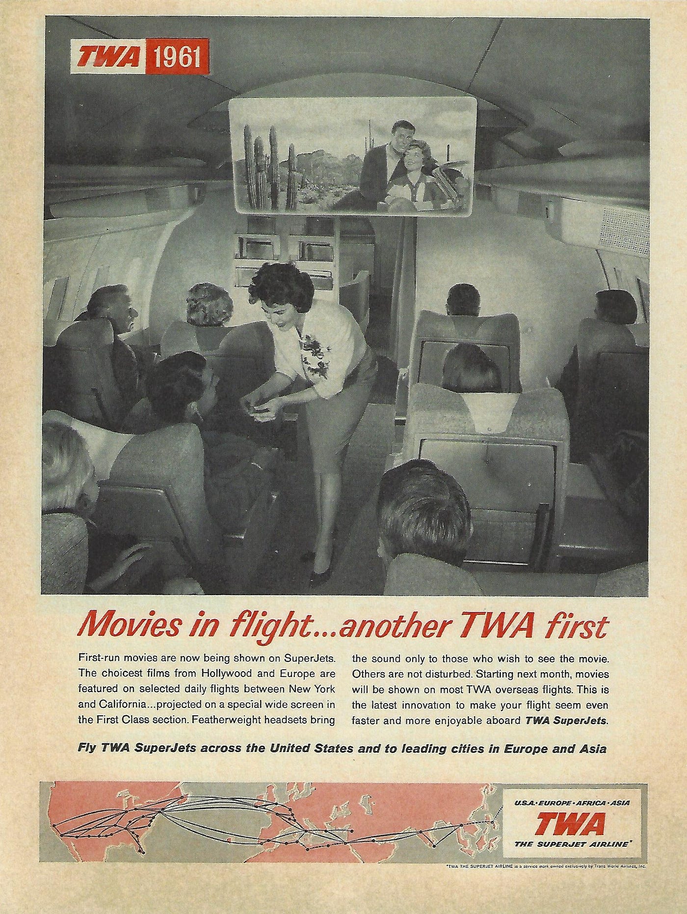 TWA advertising in-flight movies