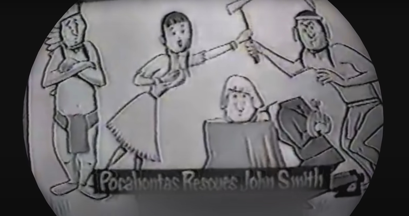 A cartoon of Pocahontas saving John Smith