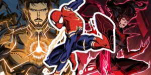 Spider-Man swinging ahead of Tony Stark and Scarlet Witch