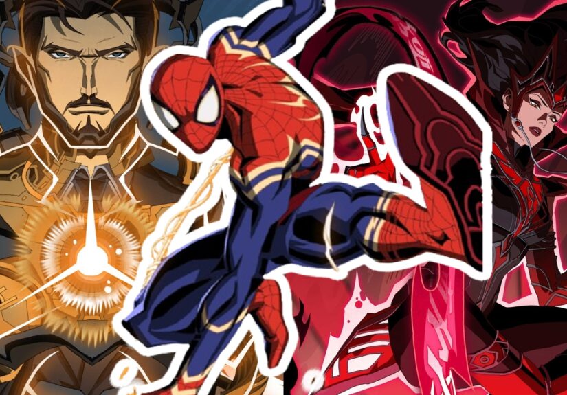 Spider-Man swinging ahead of Tony Stark and Scarlet Witch